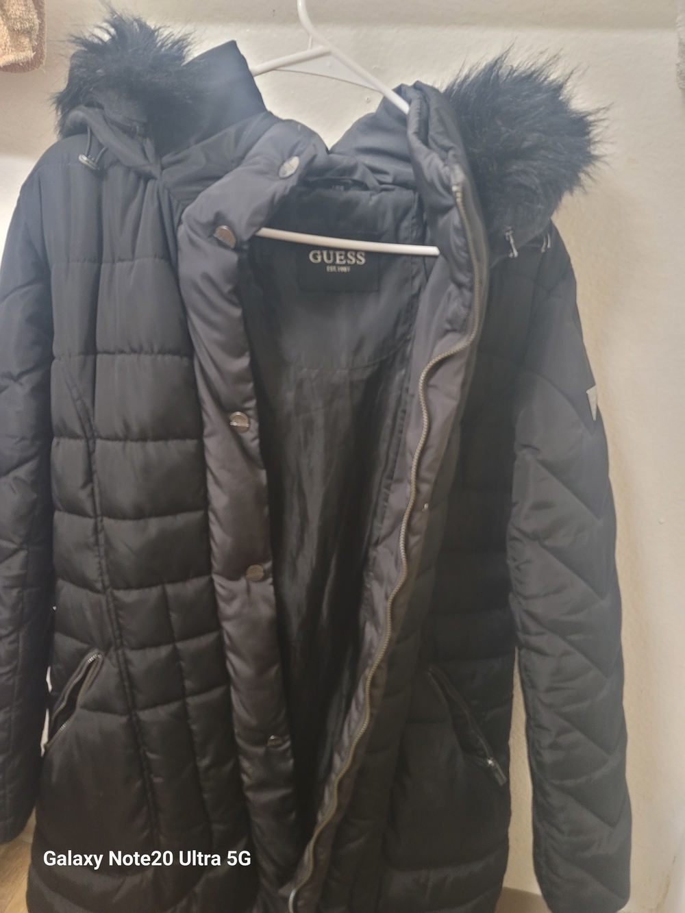 GUESS Black Quilted Hooded Puffer with Faux Fur Trim